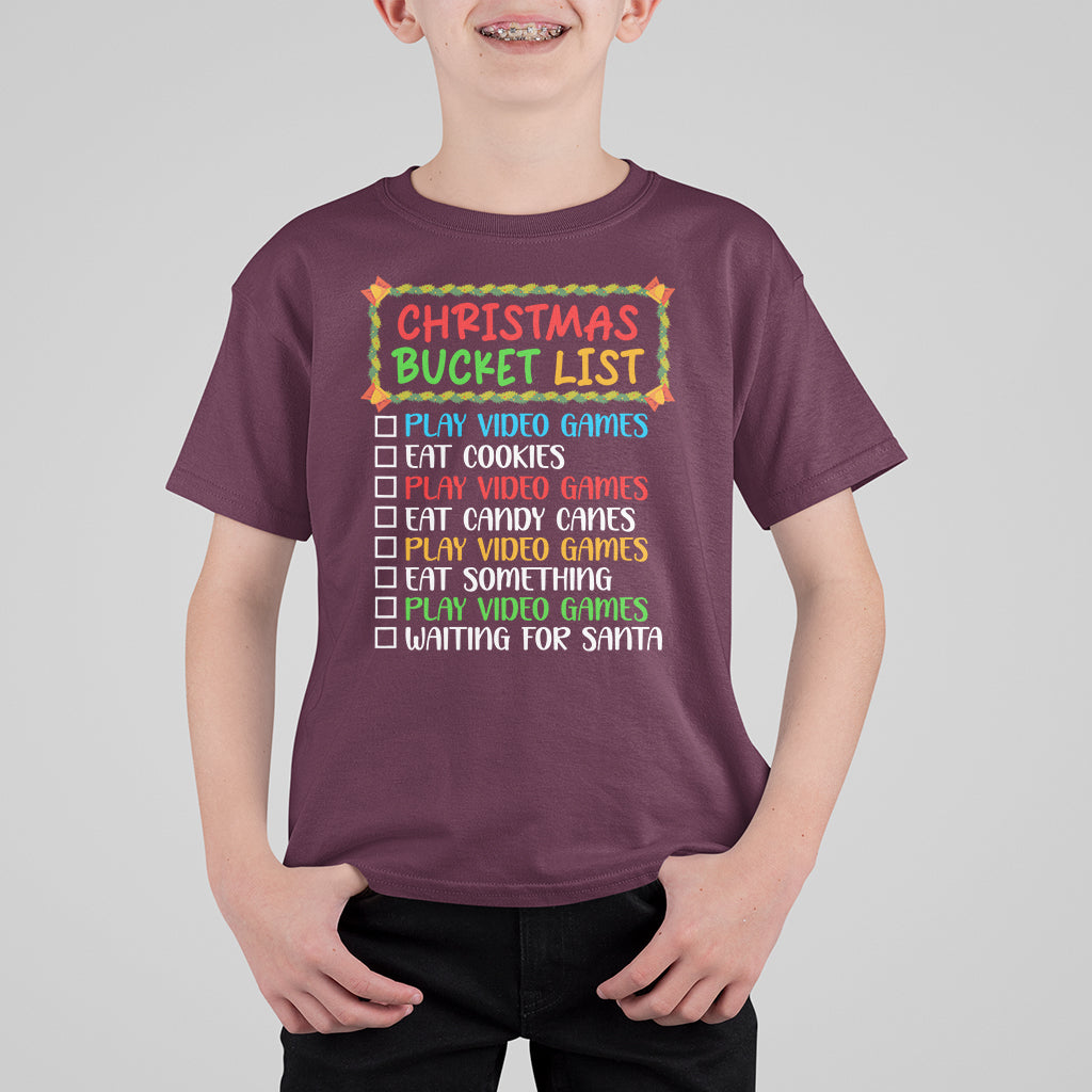 Christmas Bucket List Play Video Games Eat Something And Wait For Santa T Shirt For Kid - Wonder Print Shop