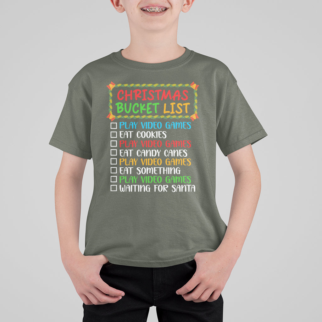 Christmas Bucket List Play Video Games Eat Something And Wait For Santa T Shirt For Kid - Wonder Print Shop