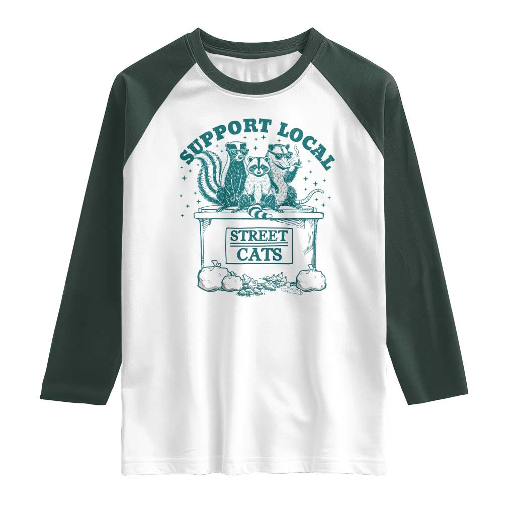 Funny Support Local Street Cat Raglan Shirt Raccoon Opossum Skunk Garbage Crew
