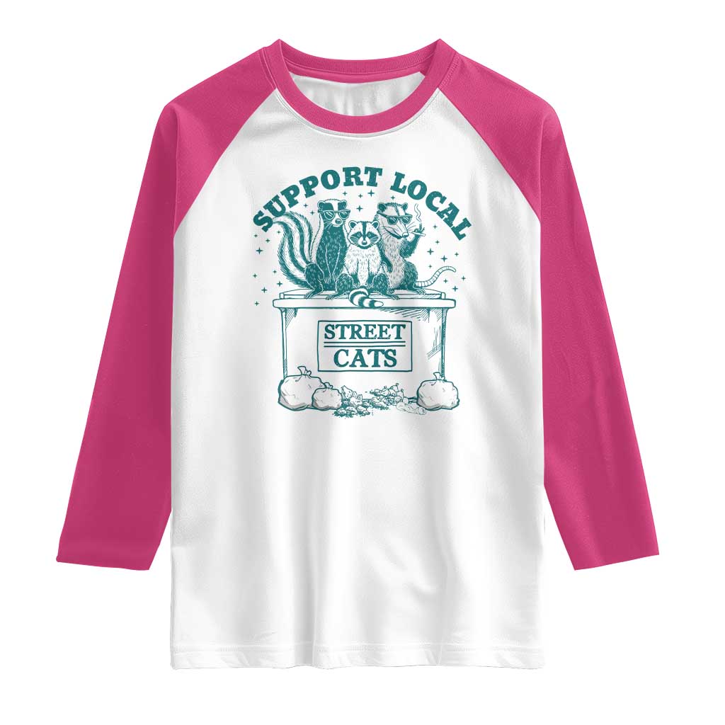 Funny Support Local Street Cat Raglan Shirt Raccoon Opossum Skunk Garbage Crew