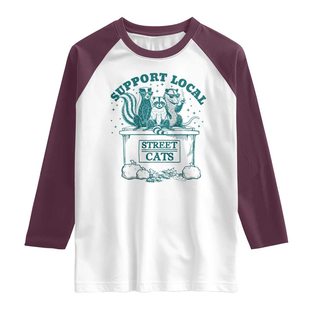 Funny Support Local Street Cat Raglan Shirt Raccoon Opossum Skunk Garbage Crew