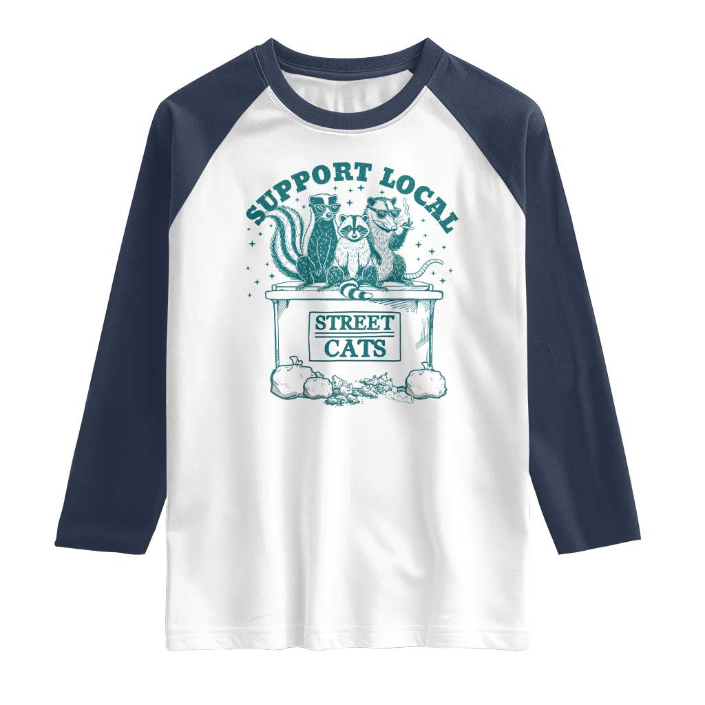 Funny Support Local Street Cat Raglan Shirt Raccoon Opossum Skunk Garbage Crew