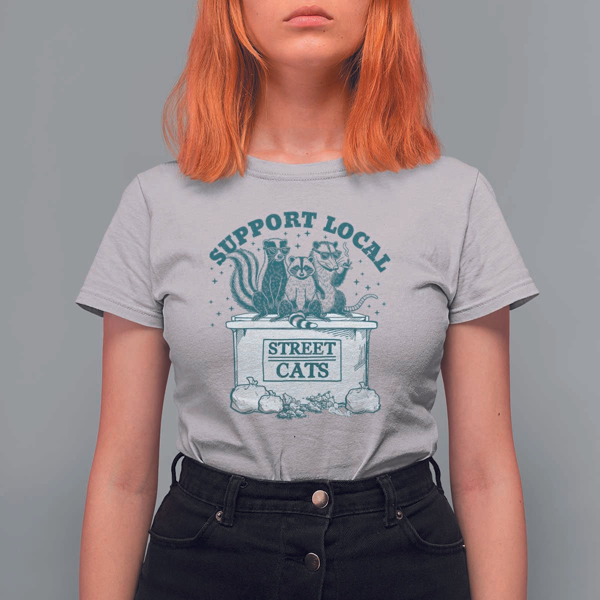 Funny Support Local Street Cat T Shirt For Women Raccoon Opossum Skunk Garbage Crew - Wonder Print Shop
