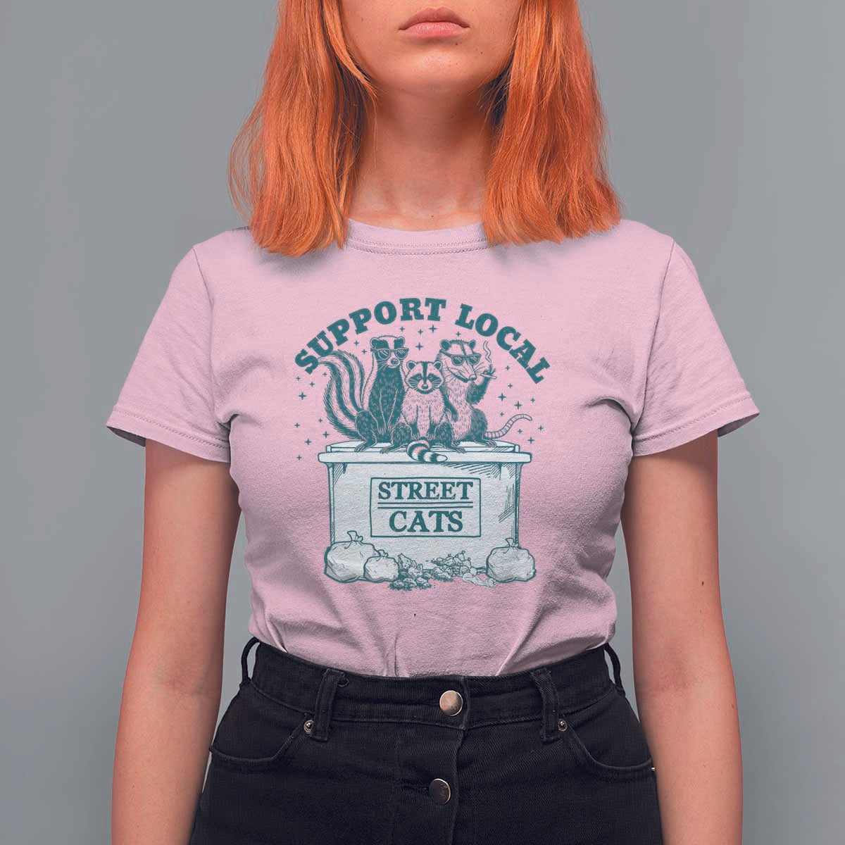 Funny Support Local Street Cat T Shirt For Women Raccoon Opossum Skunk Garbage Crew - Wonder Print Shop