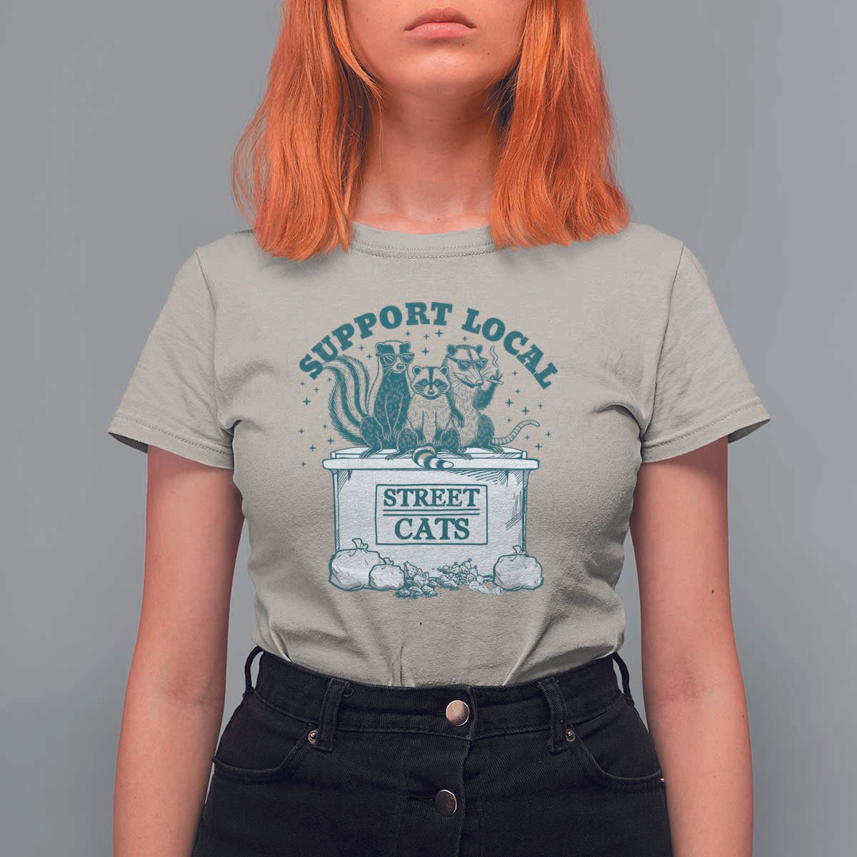 Funny Support Local Street Cat T Shirt For Women Raccoon Opossum Skunk Garbage Crew - Wonder Print Shop