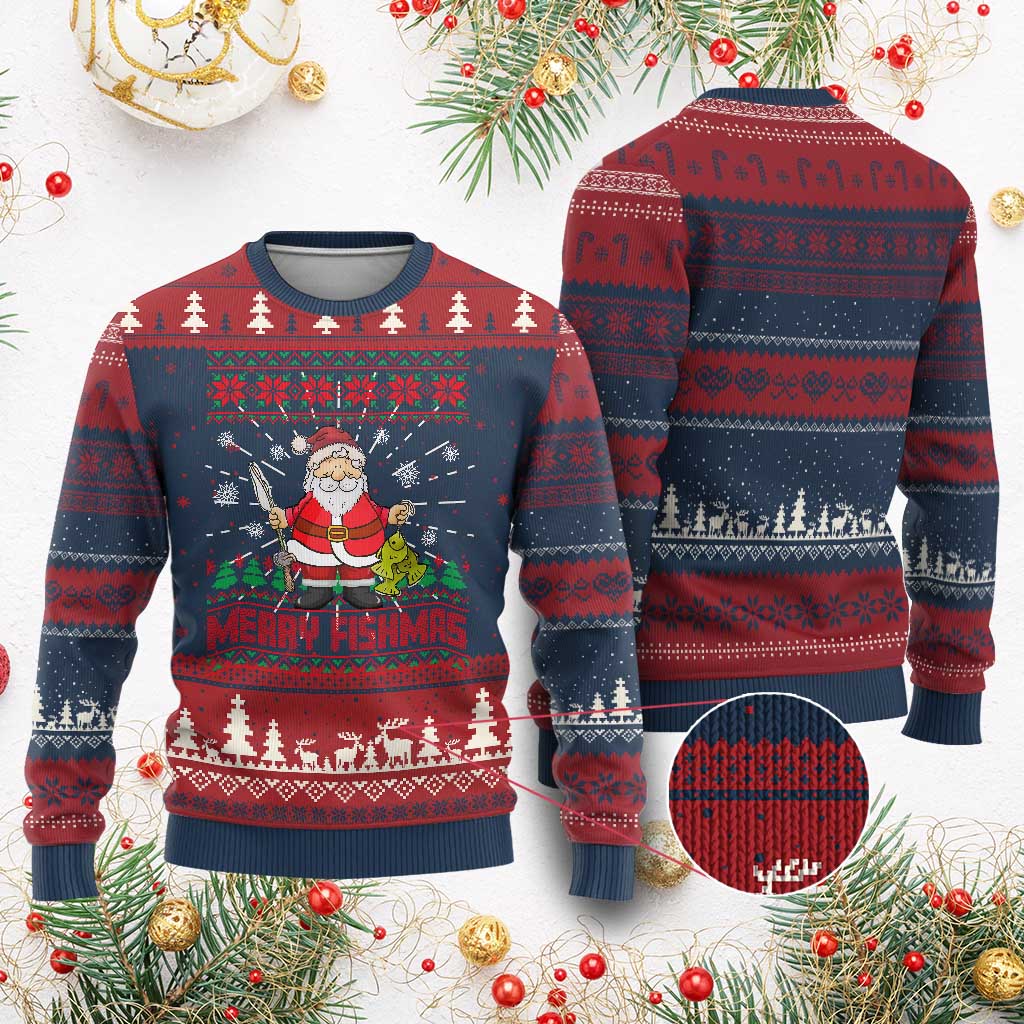 Merry Fishmas Santa Fishing Xmas Fish Fisherman Ugly Christmas Sweater - Wonder Print Shop