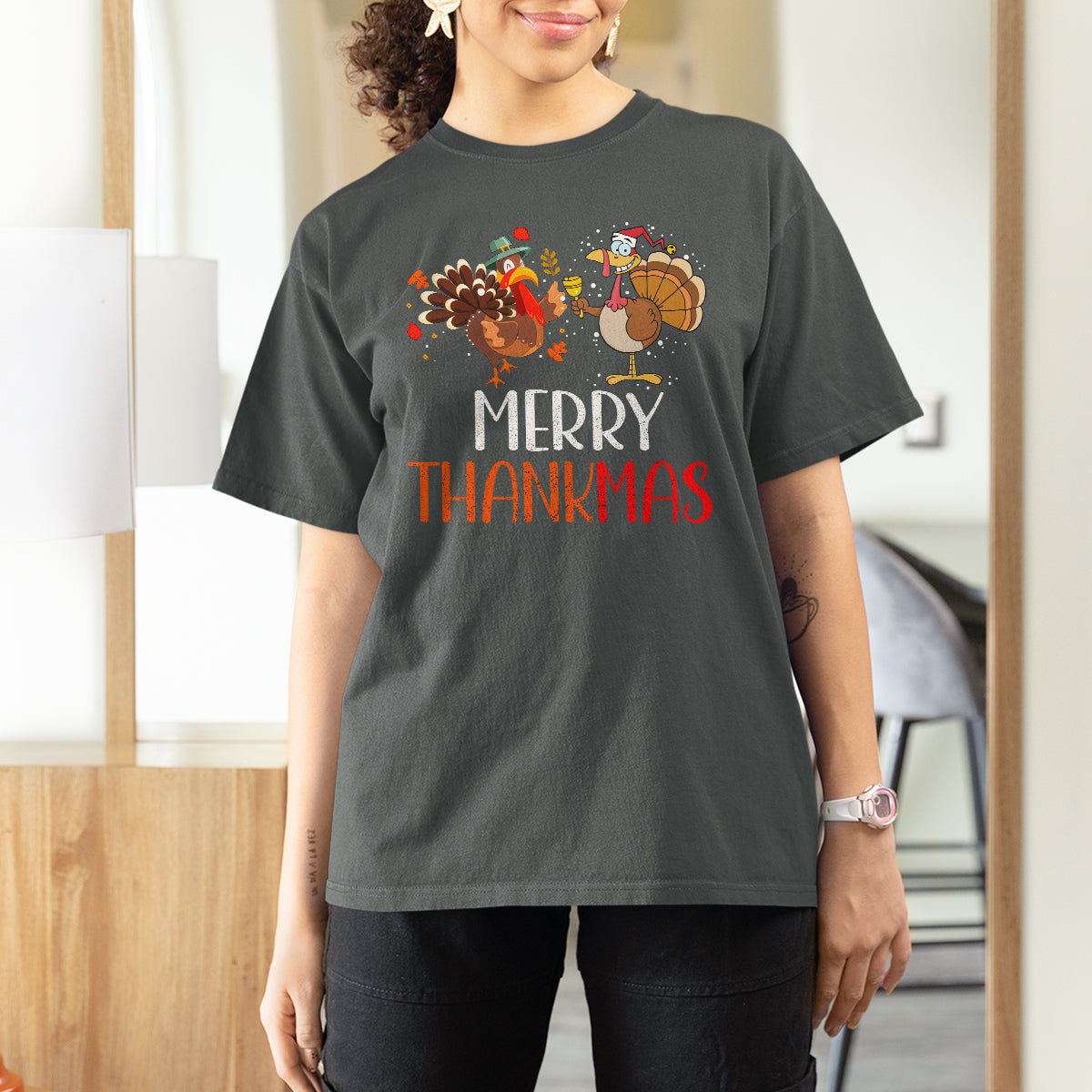 Merry Thankmas Santa Turkey Costume Thanksgiving Christmas T Shirt For Women - Wonder Print Shop