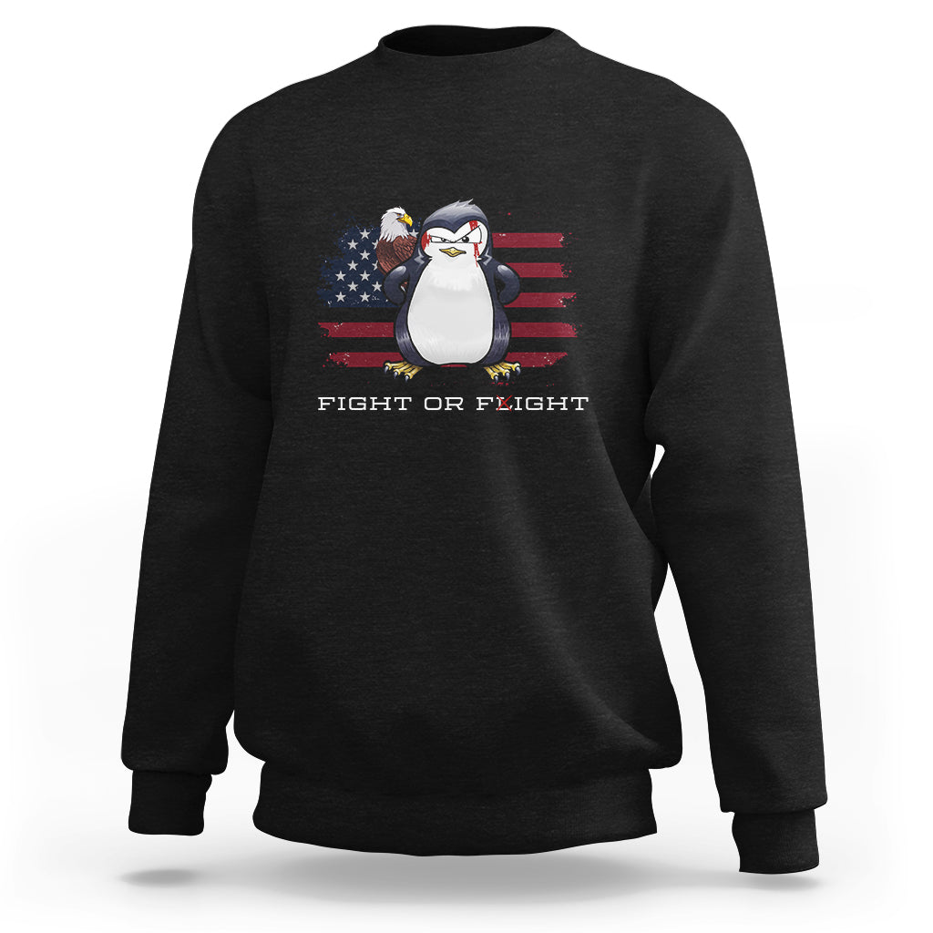 Fight or Flight Meme Cool Penguin Pun Patriotic US Flag Sweatshirt - Wonder Print Shop