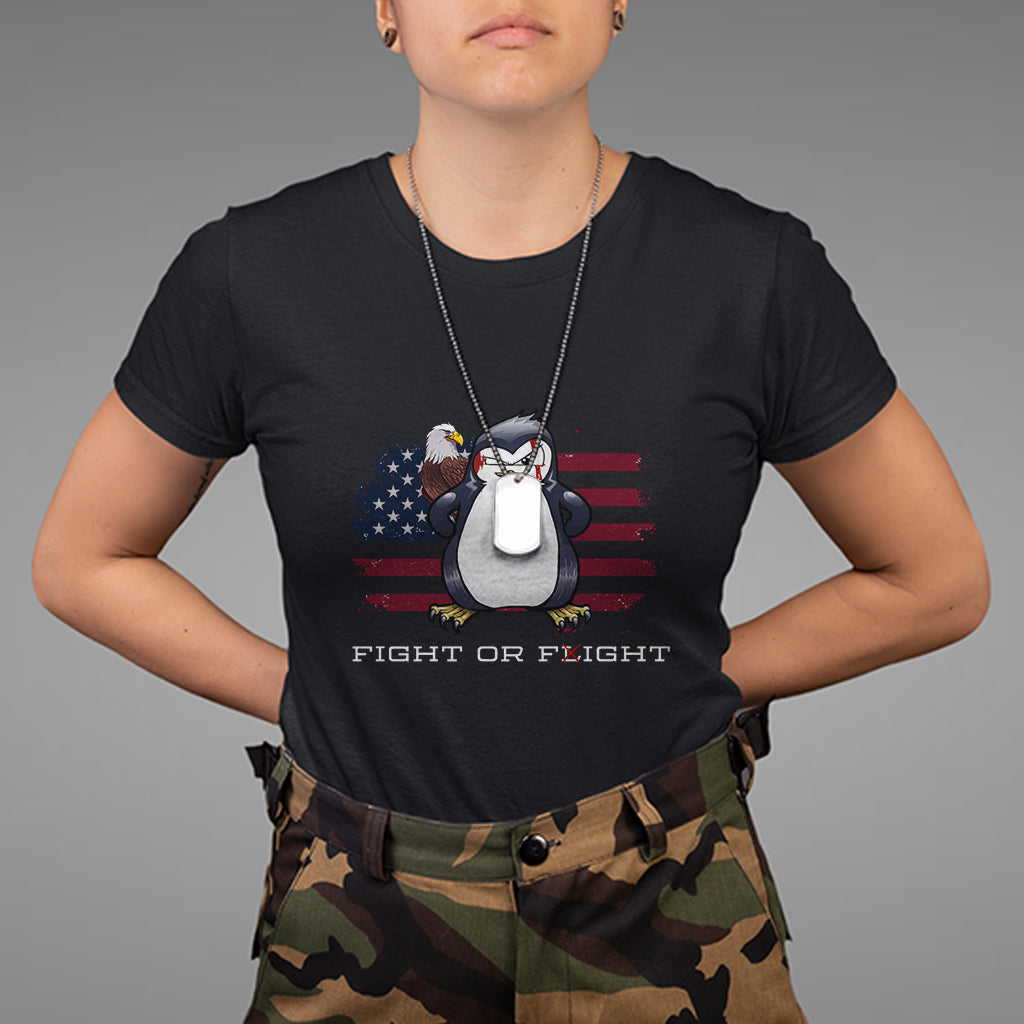 Fight or Flight Meme Cool Penguin Pun Patriotic US Flag T Shirt - Wonder Print Shop