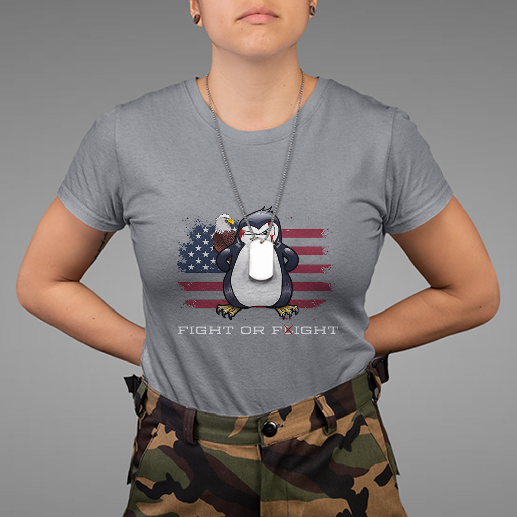 Fight or Flight Meme Cool Penguin Pun Patriotic US Flag T Shirt - Wonder Print Shop