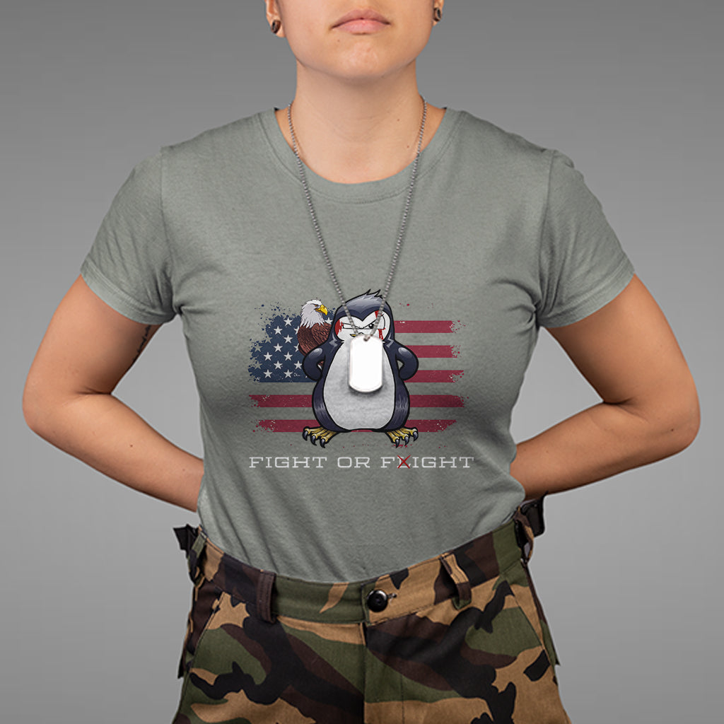 Fight or Flight Meme Cool Penguin Pun Patriotic US Flag T Shirt - Wonder Print Shop