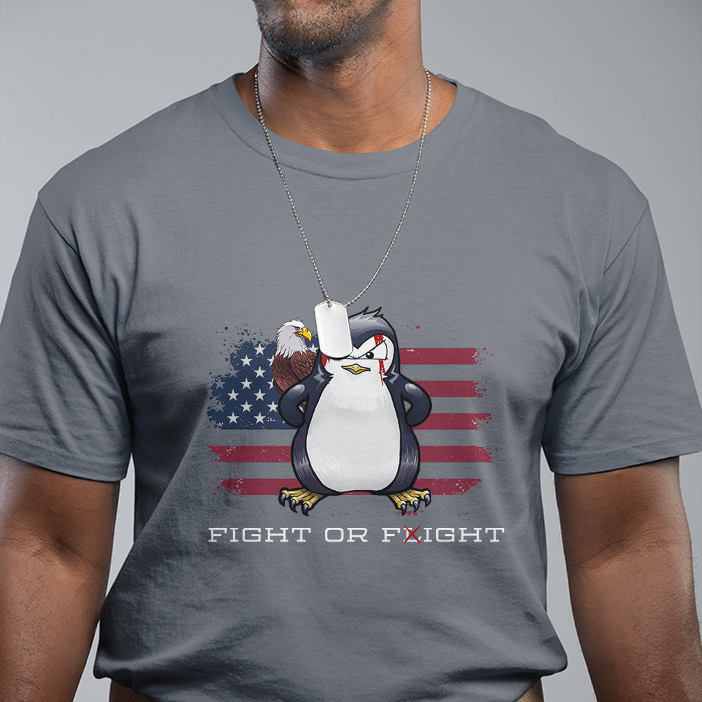 Fight or Flight Meme Cool Penguin Pun Patriotic US Flag T Shirt - Wonder Print Shop