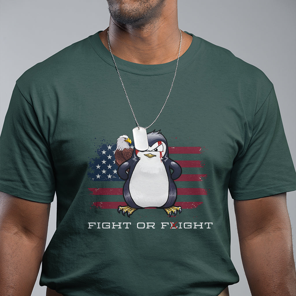 Fight or Flight Meme Cool Penguin Pun Patriotic US Flag T Shirt - Wonder Print Shop