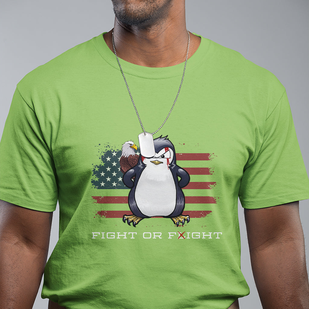 Fight or Flight Meme Cool Penguin Pun Patriotic US Flag T Shirt - Wonder Print Shop