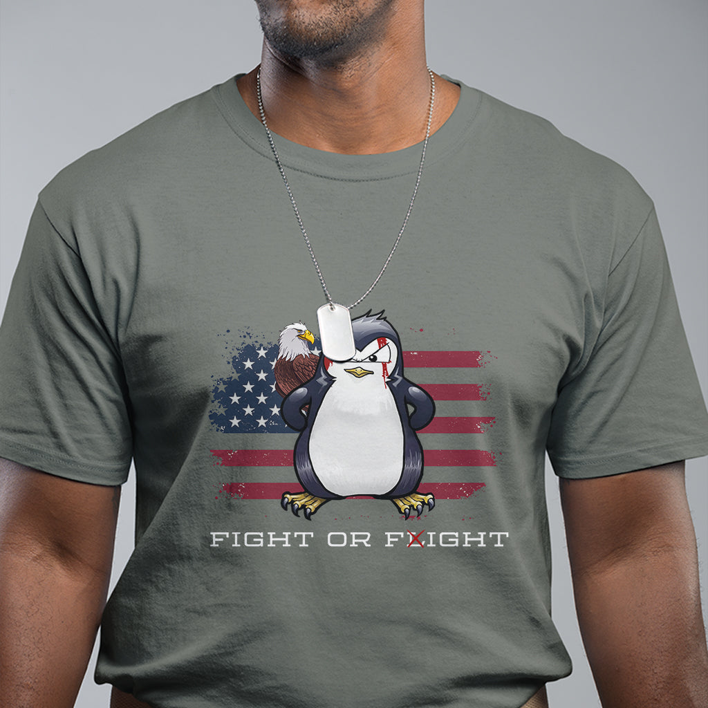 Fight or Flight Meme Cool Penguin Pun Patriotic US Flag T Shirt - Wonder Print Shop