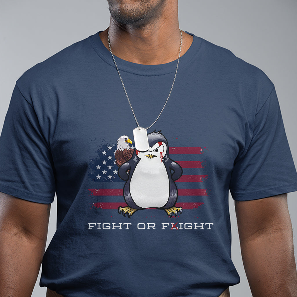 Fight or Flight Meme Cool Penguin Pun Patriotic US Flag T Shirt - Wonder Print Shop