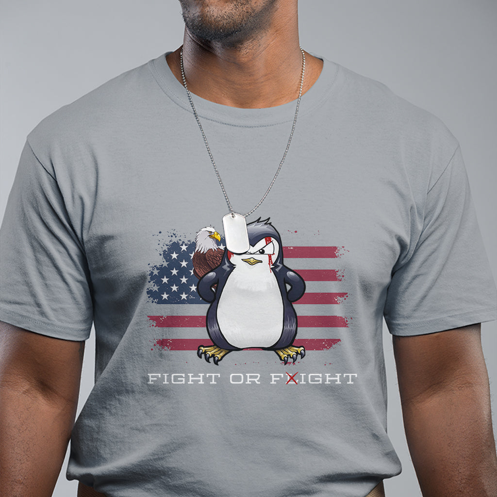 Fight or Flight Meme Cool Penguin Pun Patriotic US Flag T Shirt - Wonder Print Shop