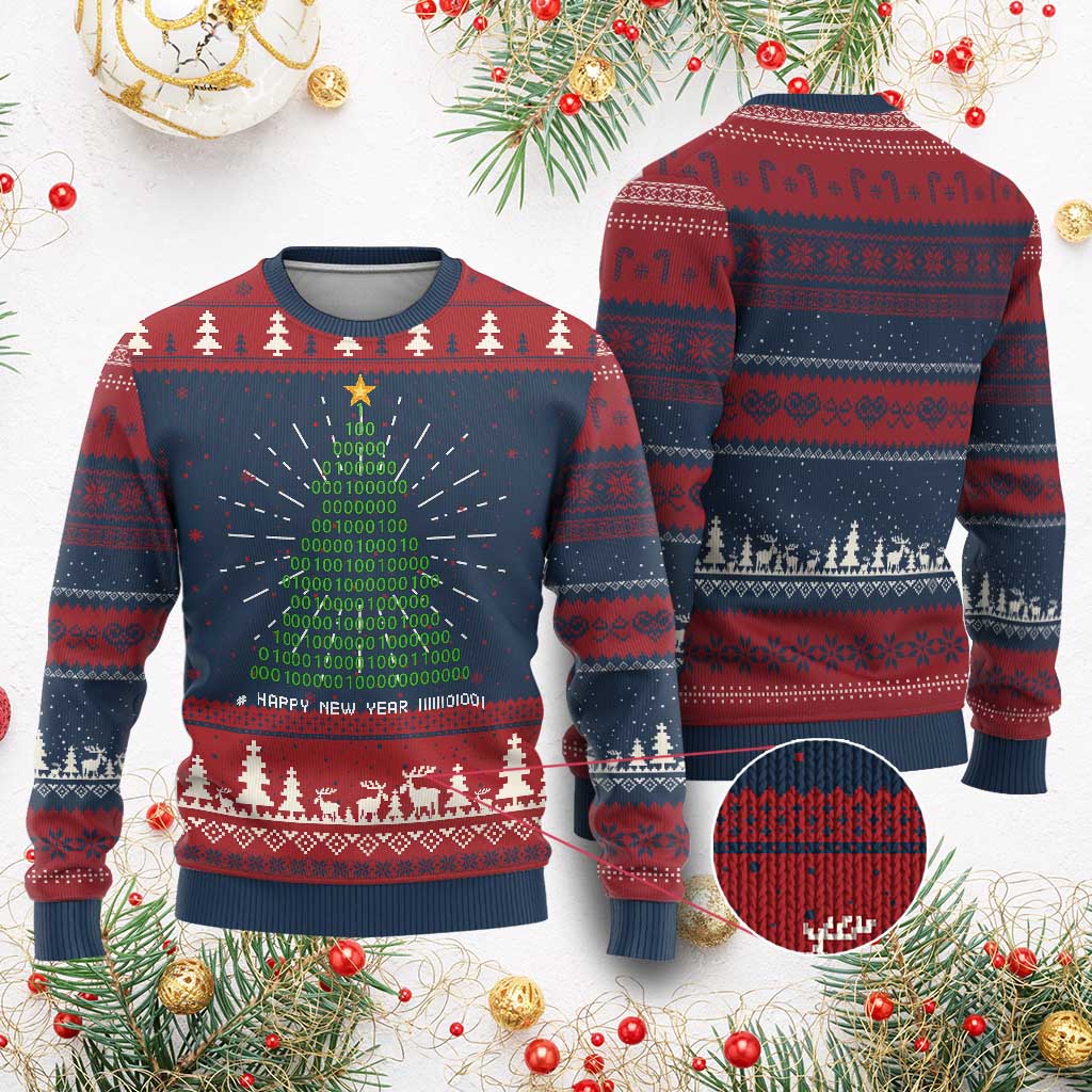 Funny Binary Christmas Tree Ugly Christmas Sweater HAPPY NEW YEAR 11111101001 - Wonder Print Shop