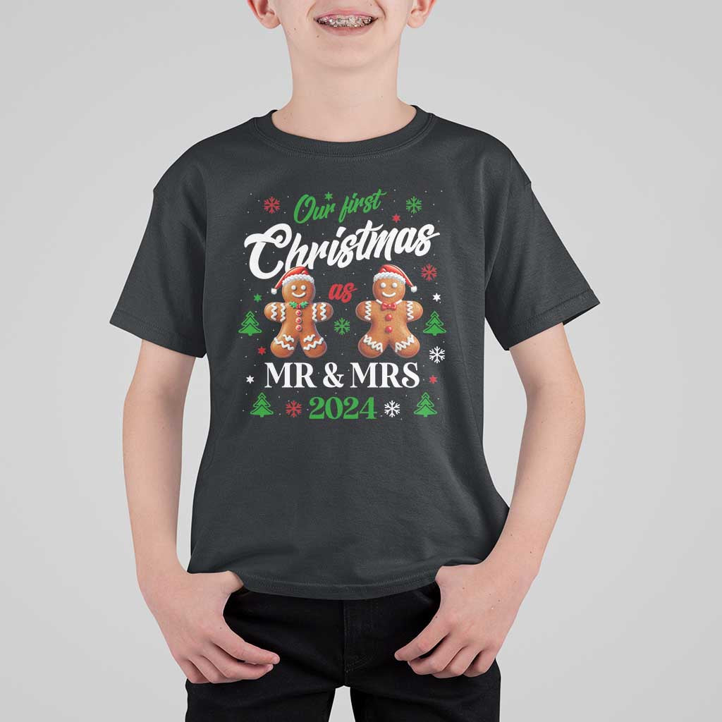 Our First Christmas As Mr Mrs 2024 T Shirt For Kid Cute Gingerbread Couple - Wonder Print Shop