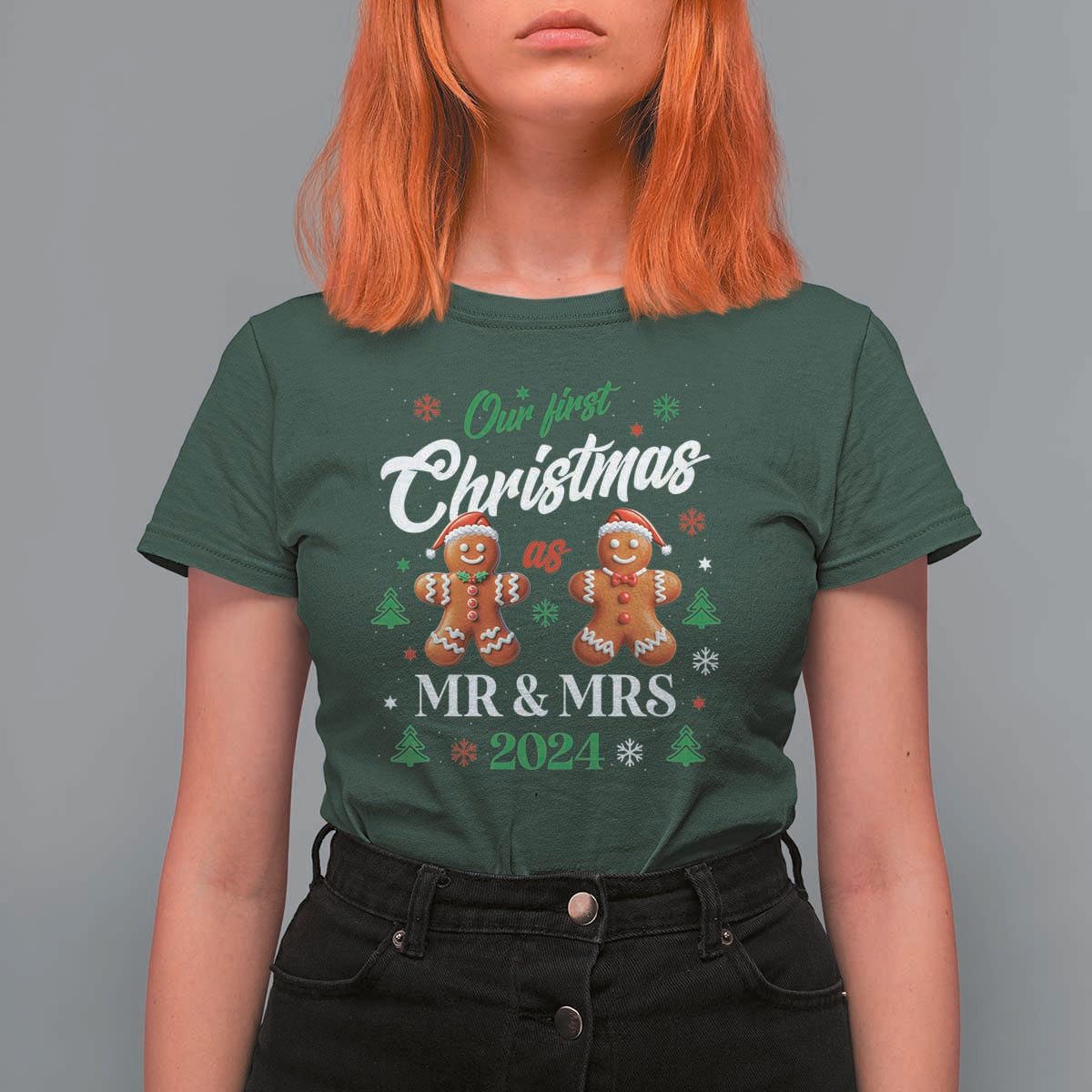 Our First Christmas As Mr Mrs 2024 T Shirt For Women Cute Gingerbread Couple - Wonder Print Shop