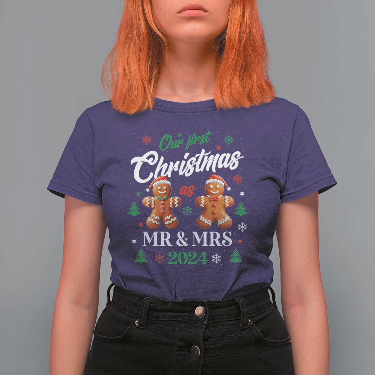 Our First Christmas As Mr Mrs 2024 T Shirt For Women Cute Gingerbread Couple - Wonder Print Shop