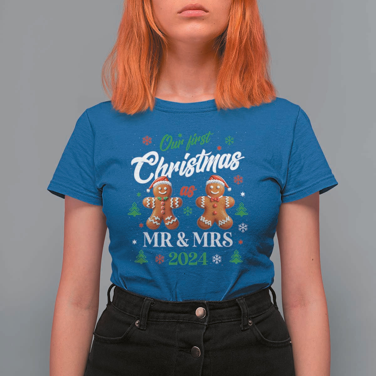 Our First Christmas As Mr Mrs 2024 T Shirt For Women Cute Gingerbread Couple - Wonder Print Shop