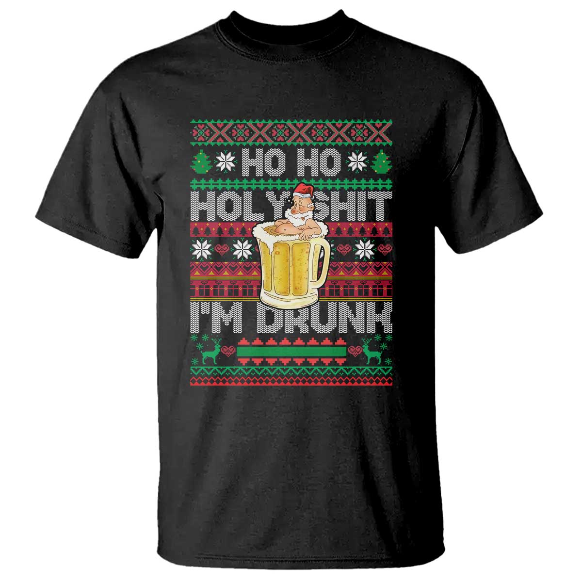 Funny Christmas T Shirt Ho Ho Holy Shit I'm Drunk Santa Drinking Beer - Wonder Print Shop