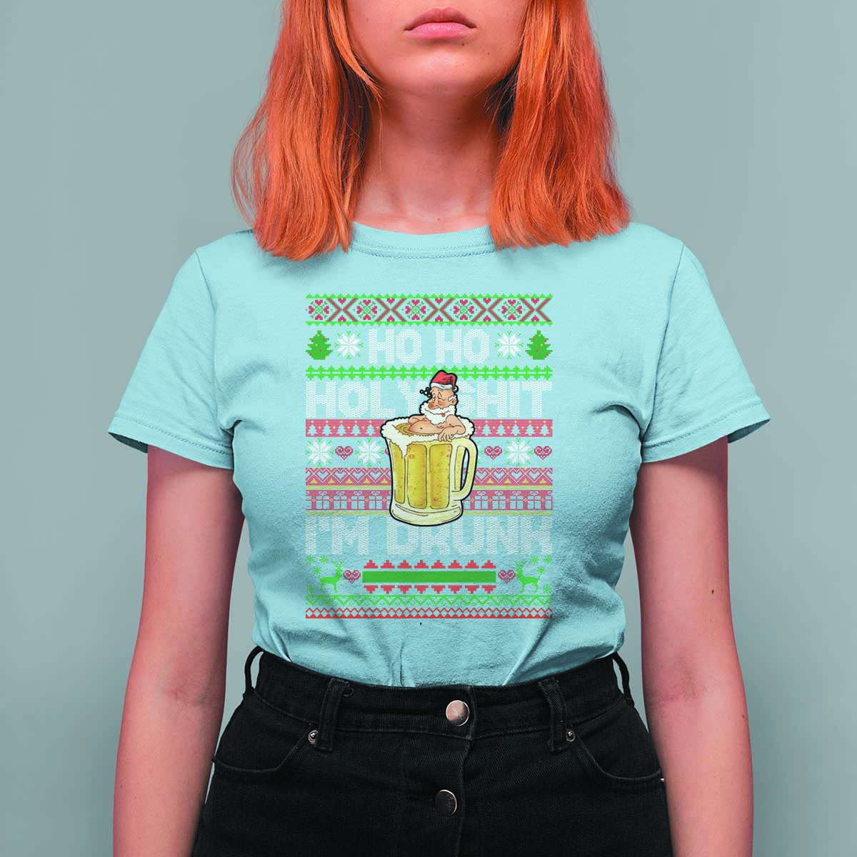 Funny Christmas T Shirt For Women Ho Ho Holy Shit I'm Drunk Santa Drinking Beer - Wonder Print Shop