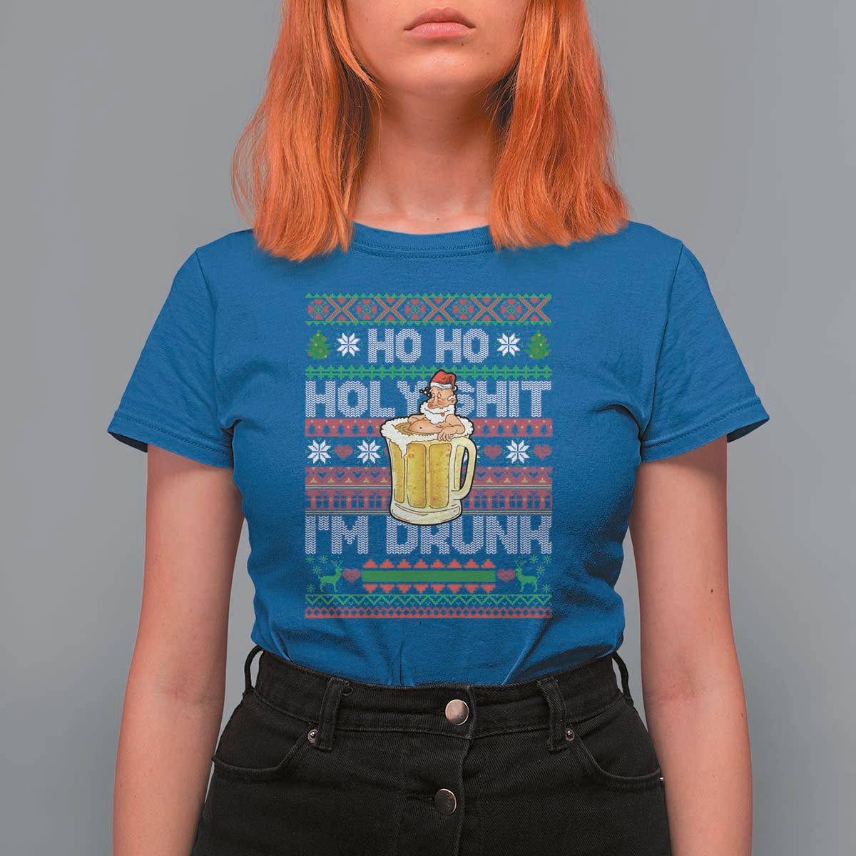 Funny Christmas T Shirt For Women Ho Ho Holy Shit I'm Drunk Santa Drinking Beer - Wonder Print Shop