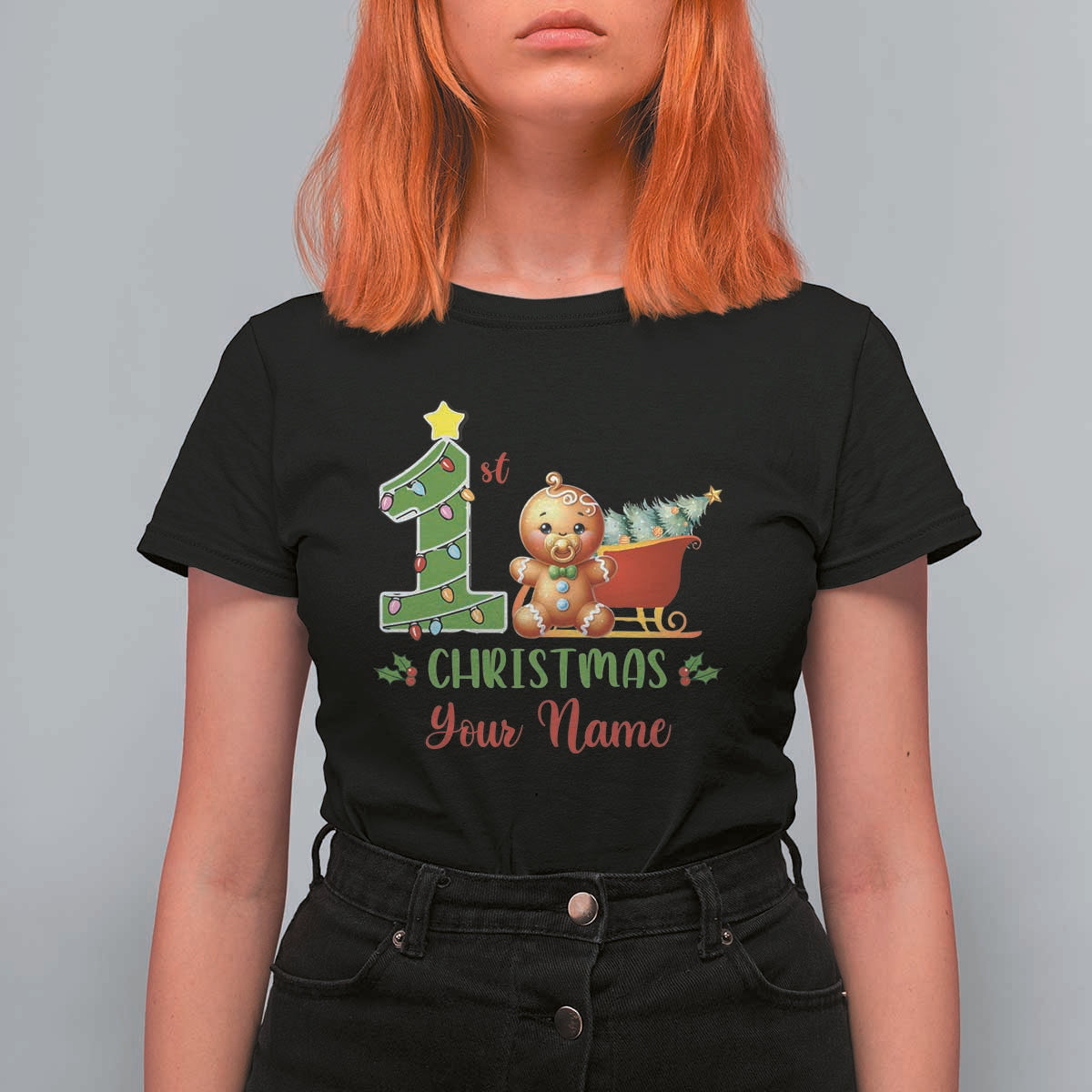 Personalized First Christmas T Shirt For Women Custom Name Baby Gingerbread My 1st Xmas - Wonder Print Shop
