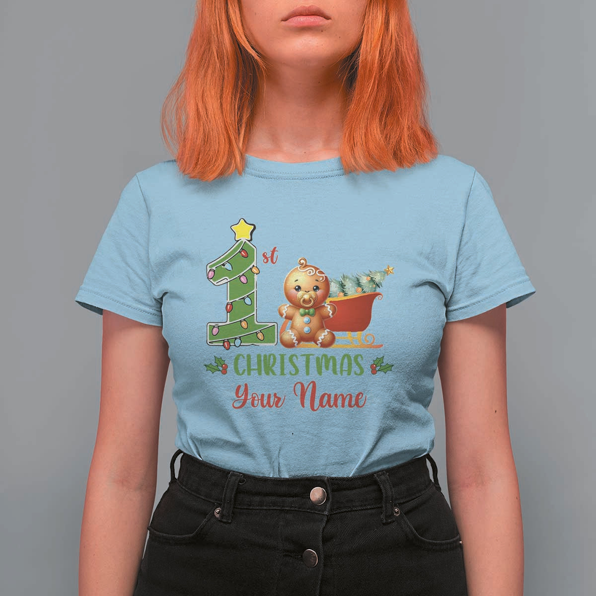 Personalized First Christmas T Shirt For Women Custom Name Baby Gingerbread My 1st Xmas - Wonder Print Shop