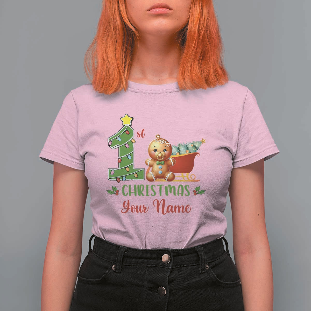 Personalized First Christmas T Shirt For Women Custom Name Baby Gingerbread My 1st Xmas - Wonder Print Shop