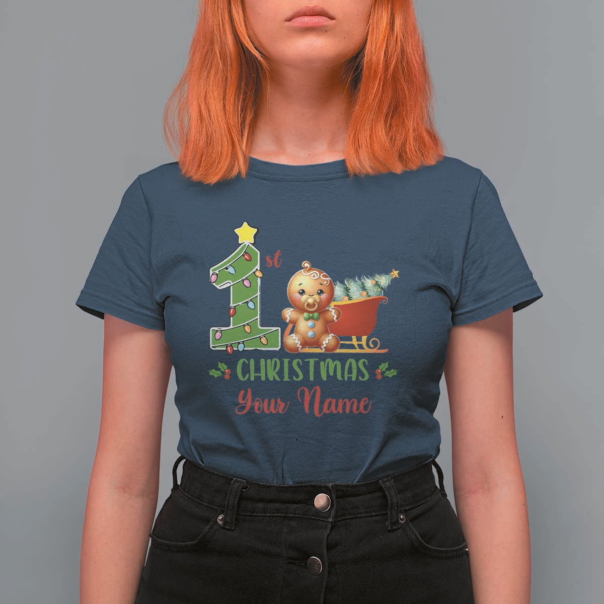 Personalized First Christmas T Shirt For Women Custom Name Baby Gingerbread My 1st Xmas - Wonder Print Shop