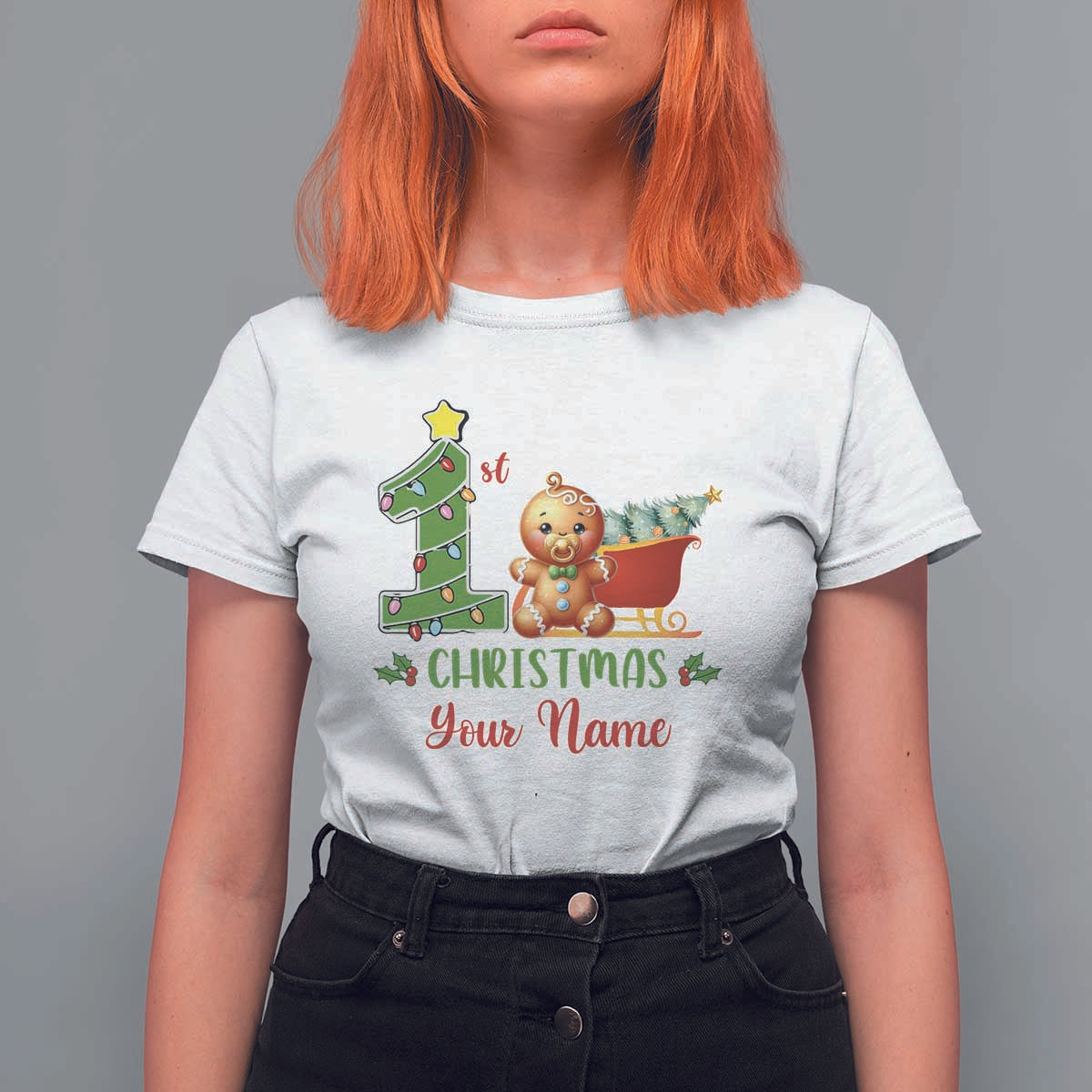 Personalized First Christmas T Shirt For Women Custom Name Baby Gingerbread My 1st Xmas - Wonder Print Shop