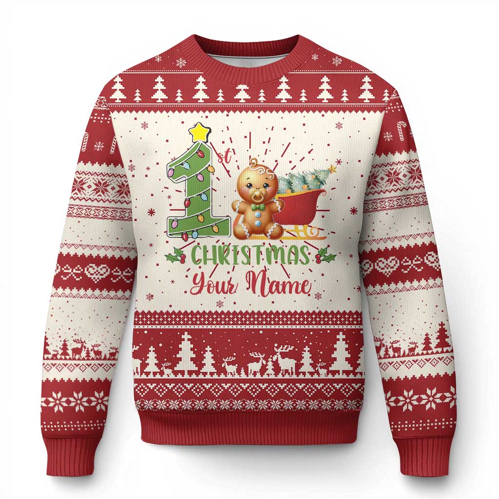 Personalized First Xmas Ugly Christmas Sweater Custom Name Baby Gingerbread My 1st Xmas - Wonder Print Shop