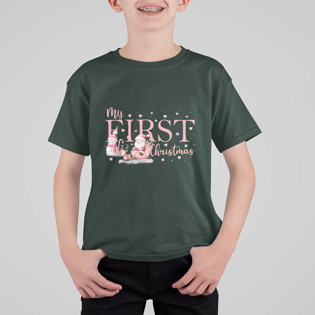Cute First Christmas T Shirt For Kid Pink Santa Snowman - Wonder Print Shop