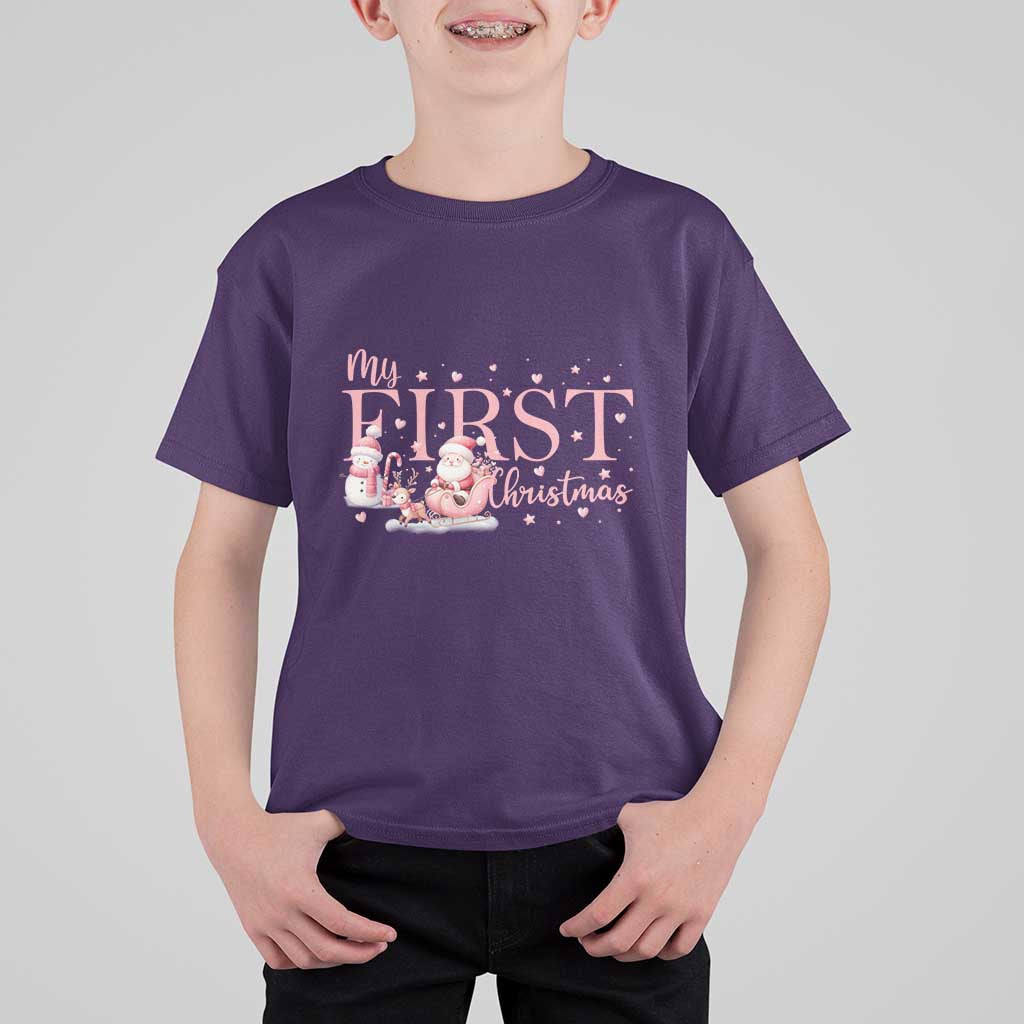 Cute First Christmas T Shirt For Kid Pink Santa Snowman - Wonder Print Shop
