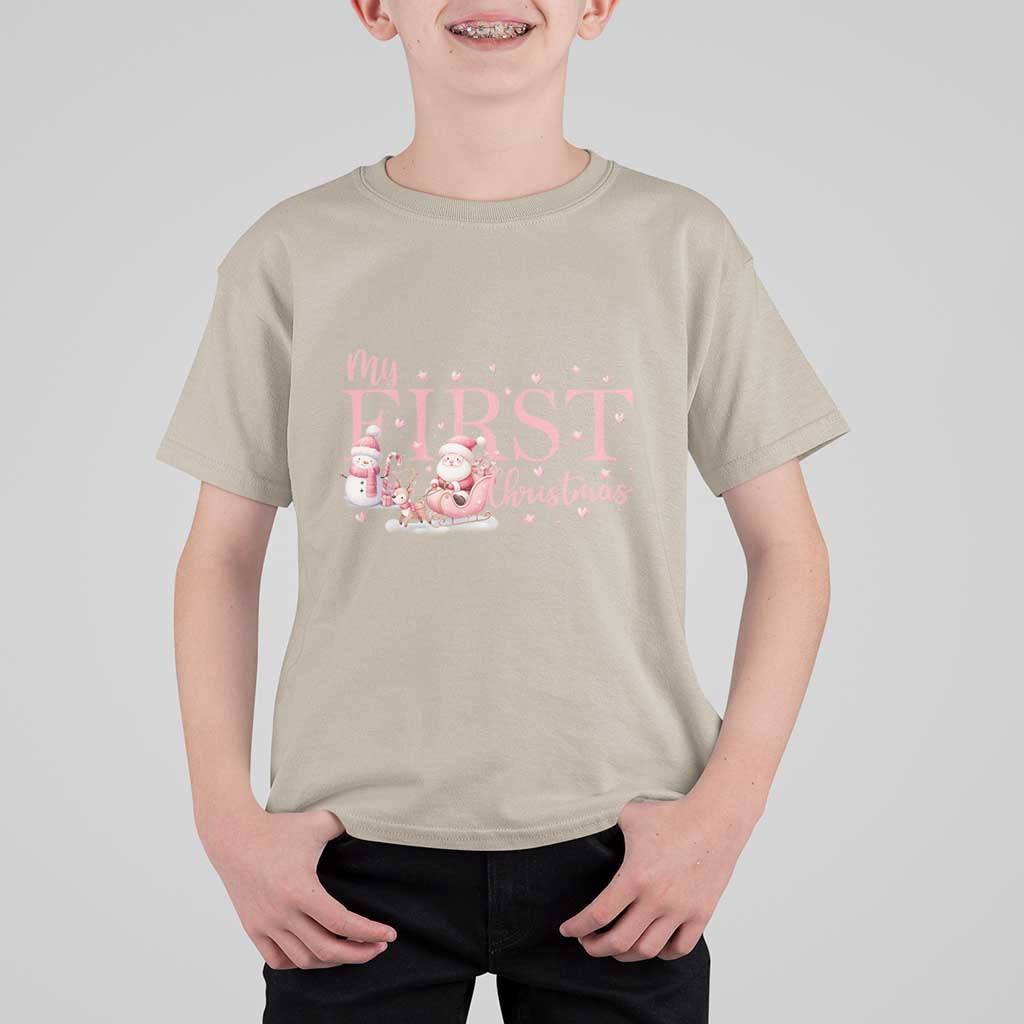 Cute First Christmas T Shirt For Kid Pink Santa Snowman - Wonder Print Shop