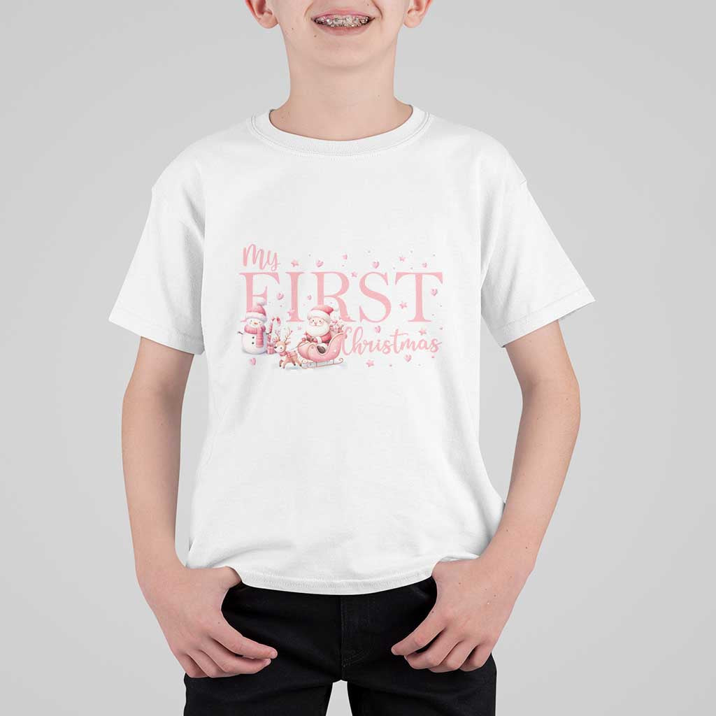 Cute First Christmas T Shirt For Kid Pink Santa Snowman - Wonder Print Shop