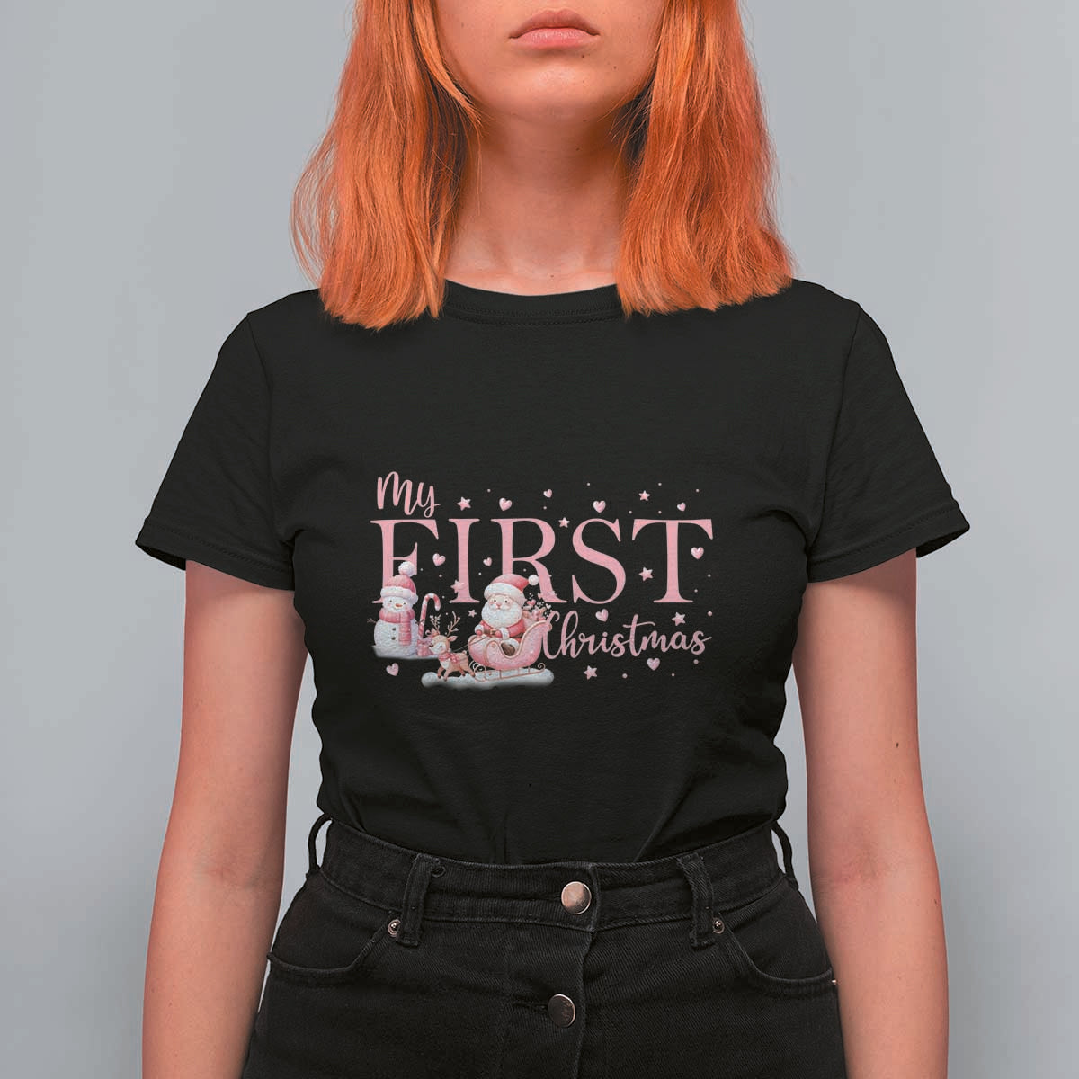Cute First Christmas T Shirt For Women Pink Santa Snowman - Wonder Print Shop