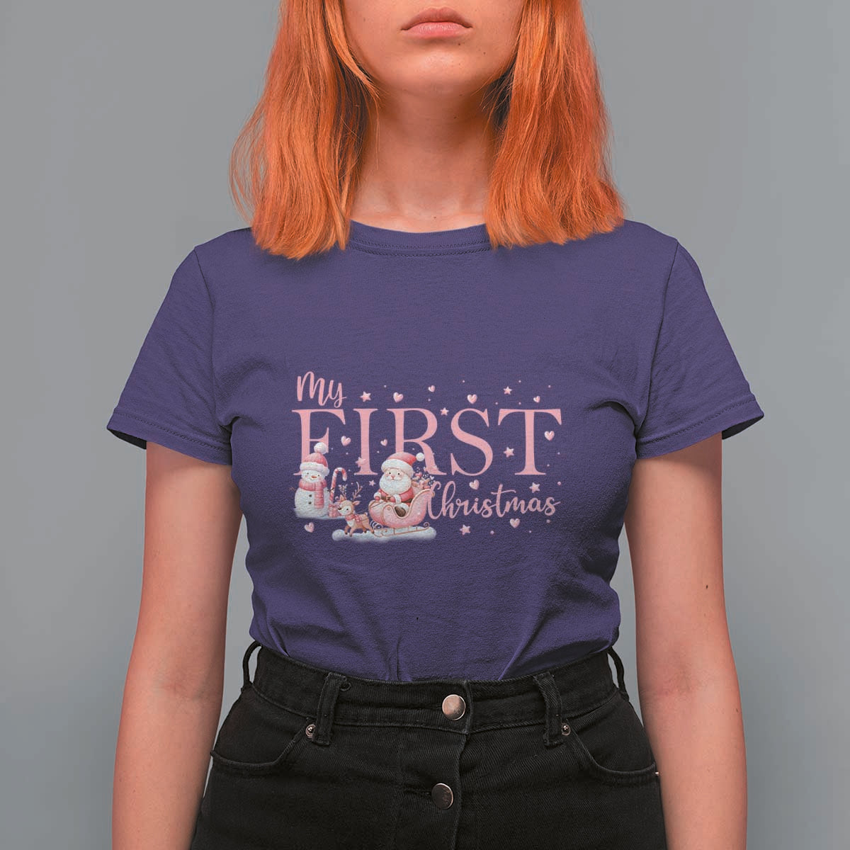 Cute First Christmas T Shirt For Women Pink Santa Snowman - Wonder Print Shop