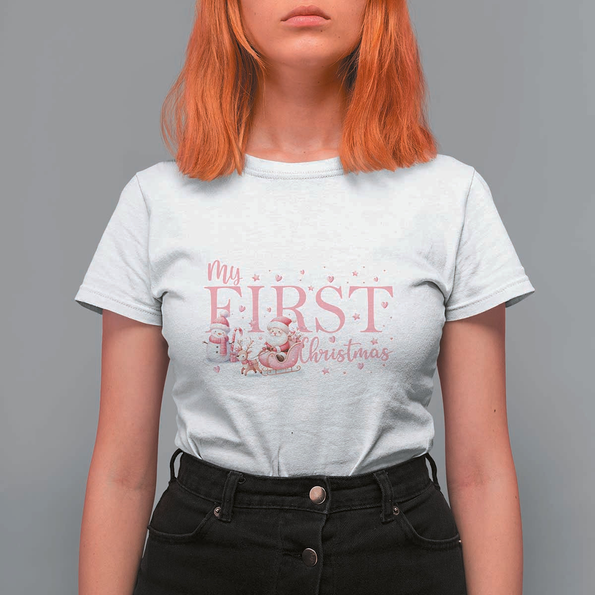 Cute First Christmas T Shirt For Women Pink Santa Snowman - Wonder Print Shop