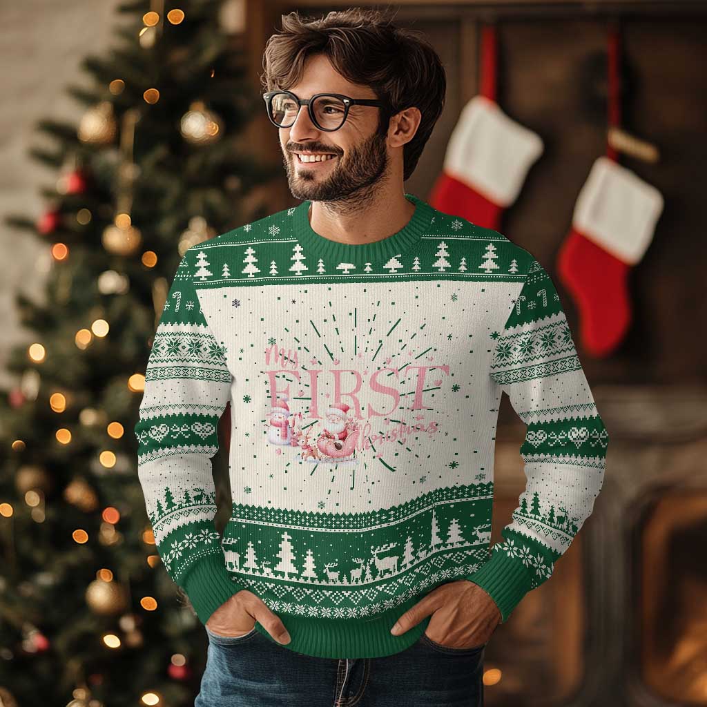 Cute First Xmas Ugly Christmas Sweater Pink Santa Snowman - Wonder Print Shop