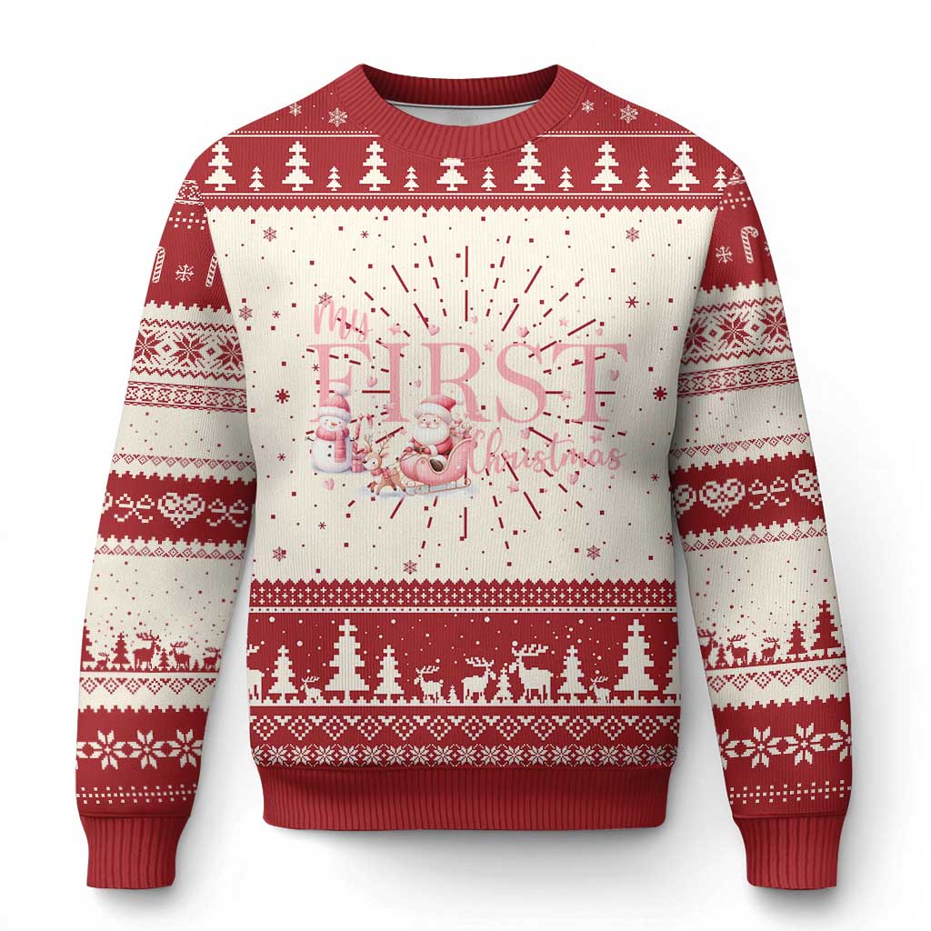 Cute First Xmas Ugly Christmas Sweater Pink Santa Snowman - Wonder Print Shop