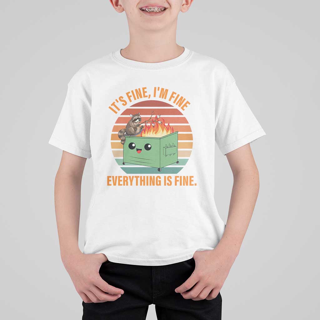 Funny Dumpster Fire T Shirt For Kid It's Fine I'm Fine Everything's Fine Raccoon - Wonder Print Shop