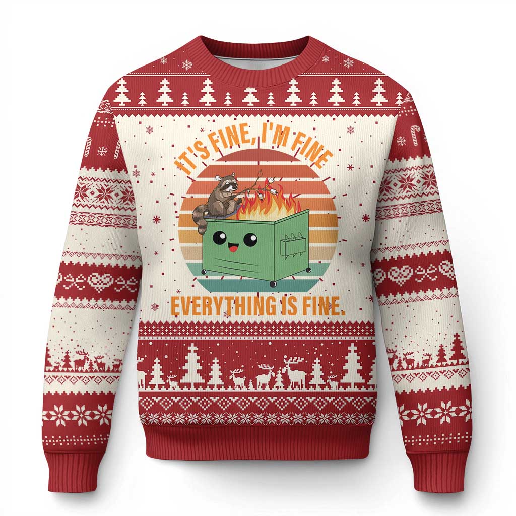 Funny Dumpster Fire Ugly Christmas Sweater It's Fine I'm Fine Everything's Fine Raccoon - Wonder Print Shop