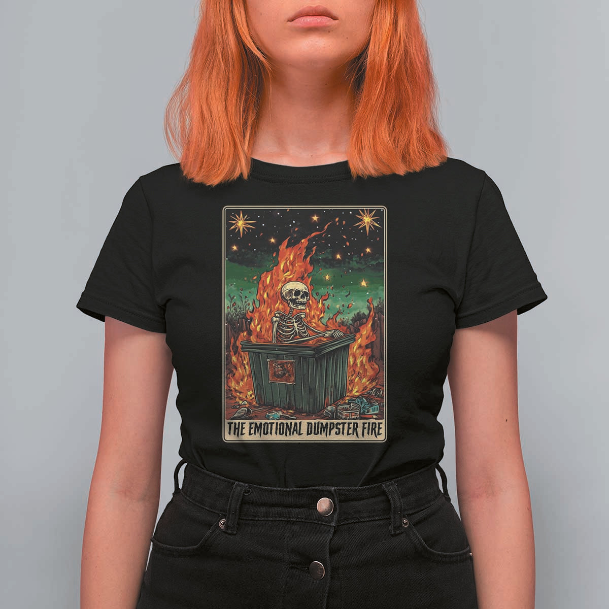 Emotional Dumpster Fire Skeleton Tarot Card T Shirt For Women - Wonder Print Shop