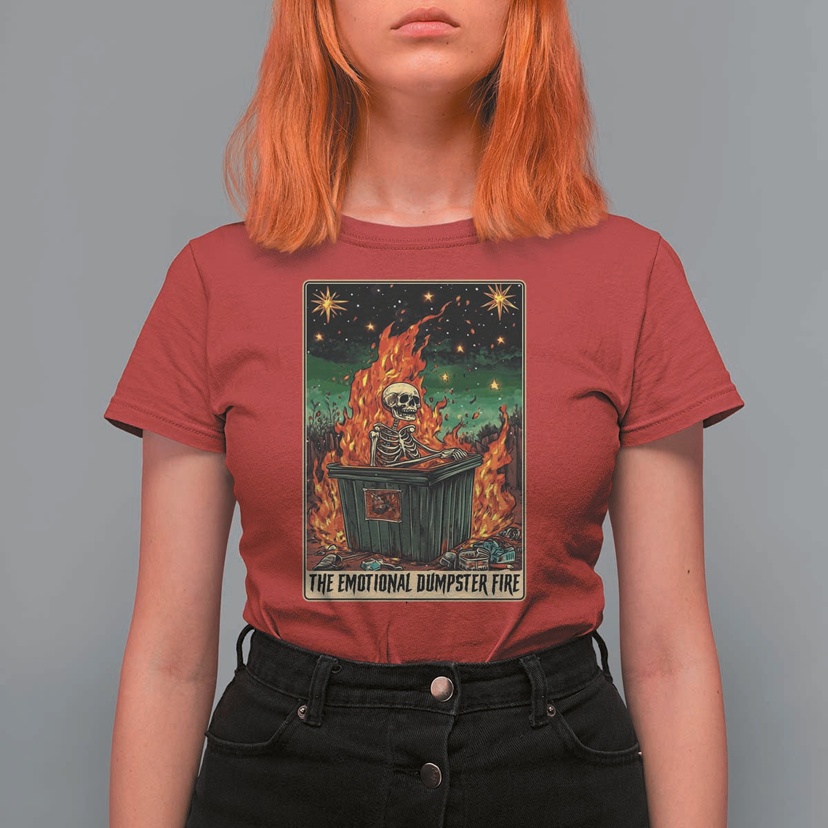 Emotional Dumpster Fire Skeleton Tarot Card T Shirt For Women - Wonder Print Shop