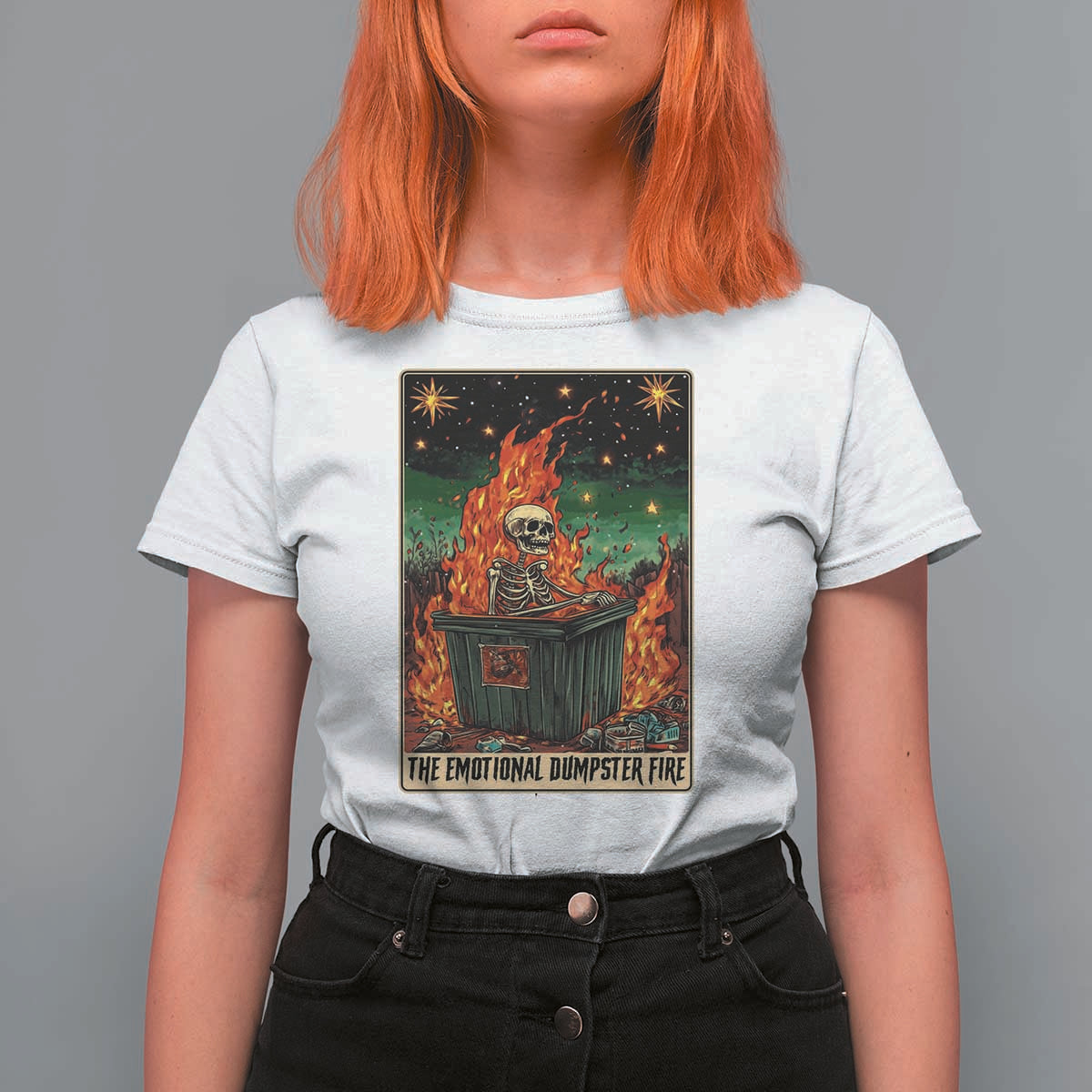 Emotional Dumpster Fire Skeleton Tarot Card T Shirt For Women - Wonder Print Shop