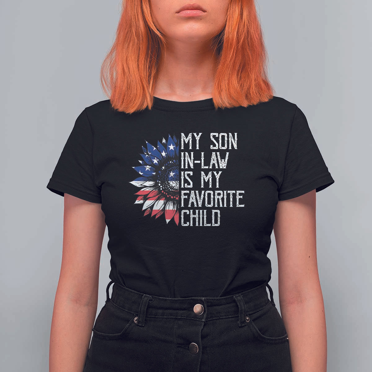 Funny My Son In Law Is My Favorite Child T Shirt For Women American Flag Sunflower